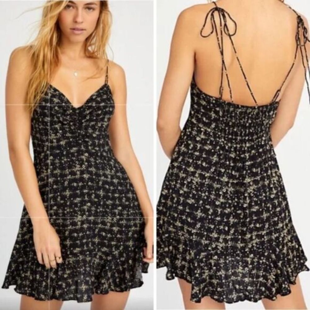 NEW Intimately Free People Caught Up Printed Slip Dress, Black,‎ Large